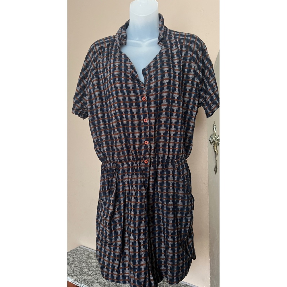 RVCA Womens XL Romper Navy Blue Orange Plaid Button Front Rayon Short Sleeve